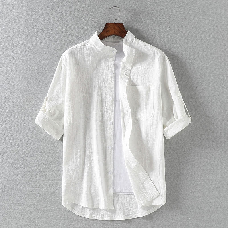 Buddha Stones Summer Solid Men's Buttons Half Sleeve Cotton Linen Shirt - White - US/UK/AU46,EU56 (5XL) - image 2