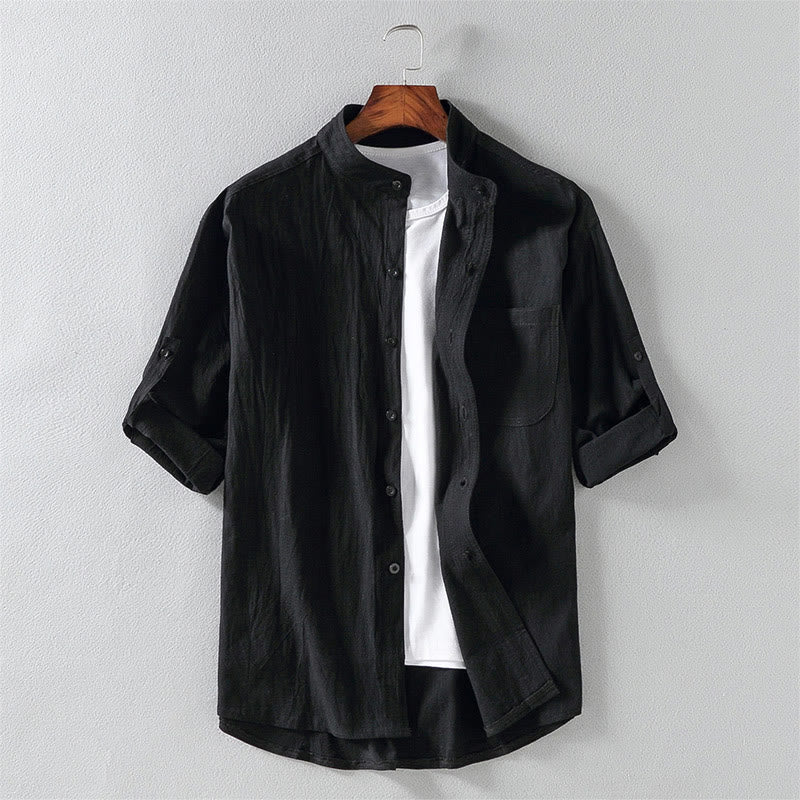 Buddha Stones Summer Solid Men's Buttons Half Sleeve Cotton Linen Shirt - Black - US/UK/AU46,EU56 (5XL) - image 0