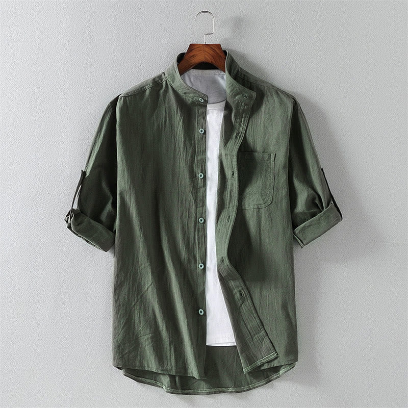Buddha Stones Summer Solid Men's Buttons Half Sleeve Cotton Linen Shirt - DarkSeaGreen - US/UK/AU46,EU56 (5XL) - image 16