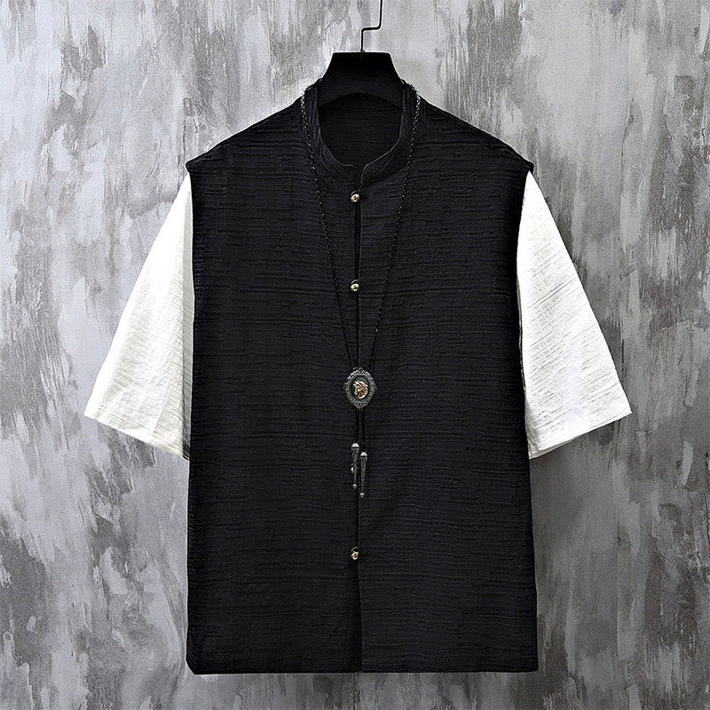 Buddha Stones Summer Patchwork Color Design Men's Half Sleeve Cotton Linen Shirt - Black - US/UK/AU48,EU58 (6XL) - image 3