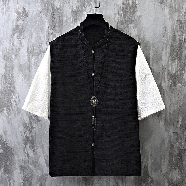 Buddha Stones Summer Patchwork Color Design Men's Half Sleeve Cotton Linen Shirt - Black - US/UK/AU48,EU58 (6XL) - image 3