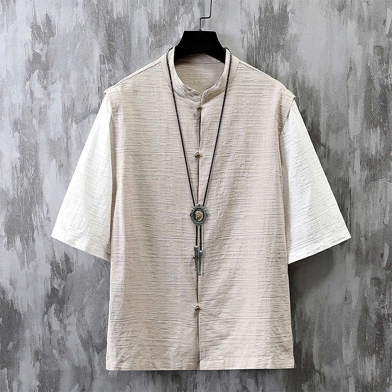 Buddha Stones Summer Patchwork Color Design Men's Half Sleeve Cotton Linen Shirt - Linen - US/UK/AU48,EU58 (6XL) - image 1