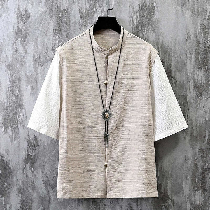 Buddha Stones Summer Patchwork Color Design Men's Half Sleeve Cotton Linen Shirt - Linen - US/UK/AU48,EU58 (6XL) - image 1