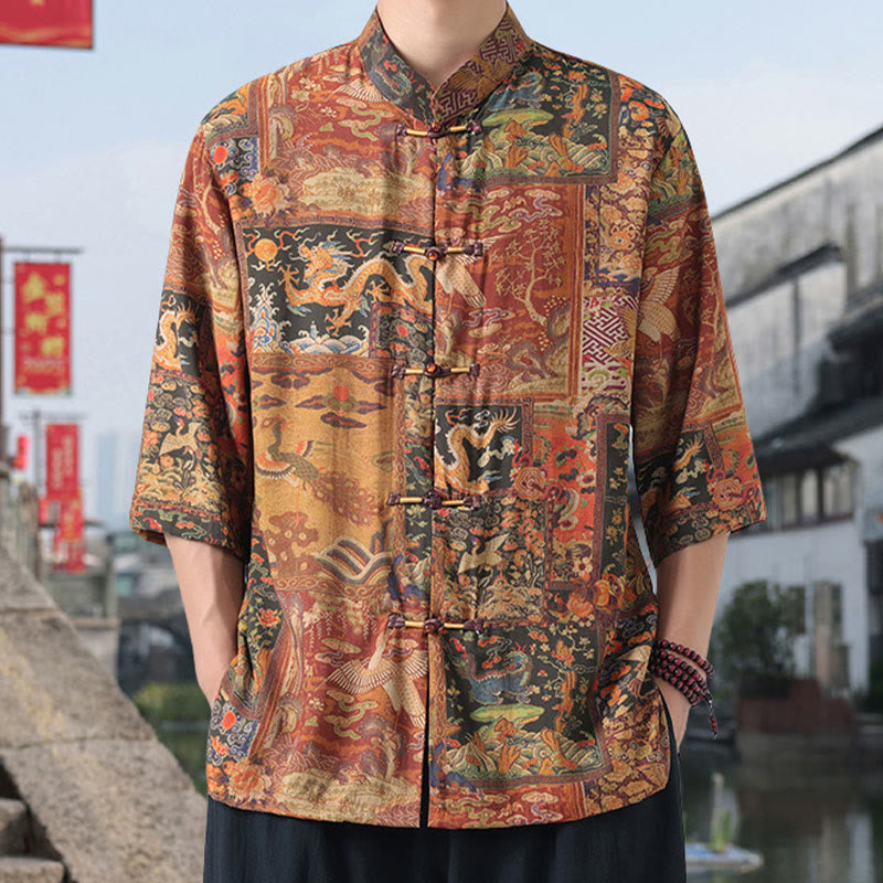 Buddha Stones Dragon Auspicious Clouds Green Mountains Chinese Frog-Button Men's Half Sleeve Cotton Linen Shirt - Goldenrod - US/UK/AU46,EU56 (5XL) - image 1
