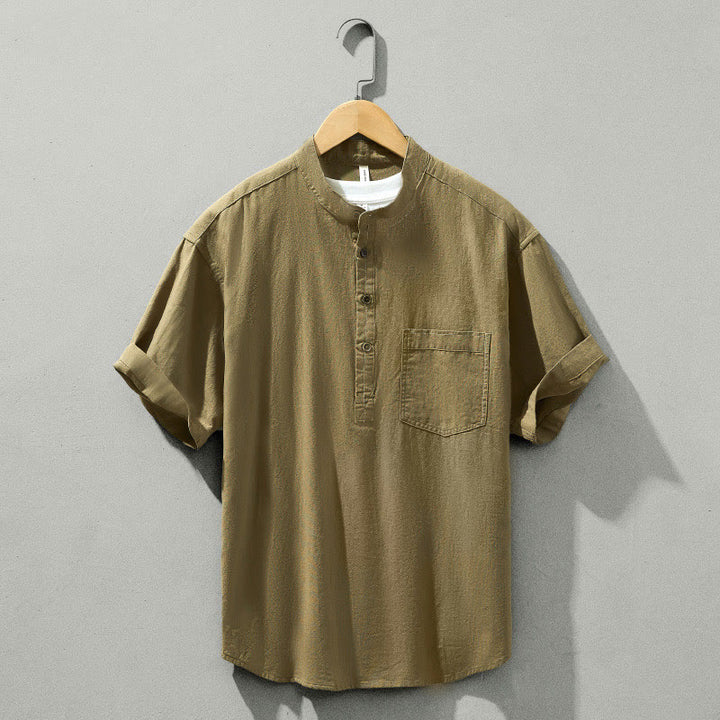Buddha Stones Summer Solid Men's Half Button Short Sleeve Cotton Shirt - DarkKhaki - US/UK/AU42,EU52 (3XL) - image 28