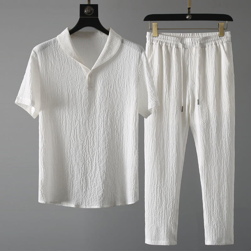 Buddha Stones 2Pcs Solid Color Wrinkle V-Neck Short Sleeve T-shirt Pants Clothing Men's Set - White - US/UK/AU46,EU56 (5XL) - image 7