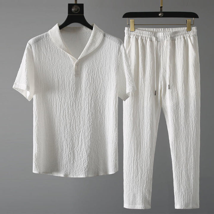 Buddha Stones 2Pcs Solid Color Wrinkle V-Neck Short Sleeve T-shirt Pants Clothing Men's Set - White - US/UK/AU46,EU56 (5XL) - image 7