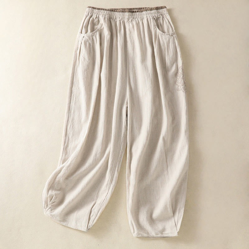 Buddha Stones Vintage Commute Solid Color Simple Design 7-8 Length High Waist Women's Harem Cotton Linen Pants With Pockets - Beige - US8-10,UK/AU12-14,EU40-42 (2XL) - image 1