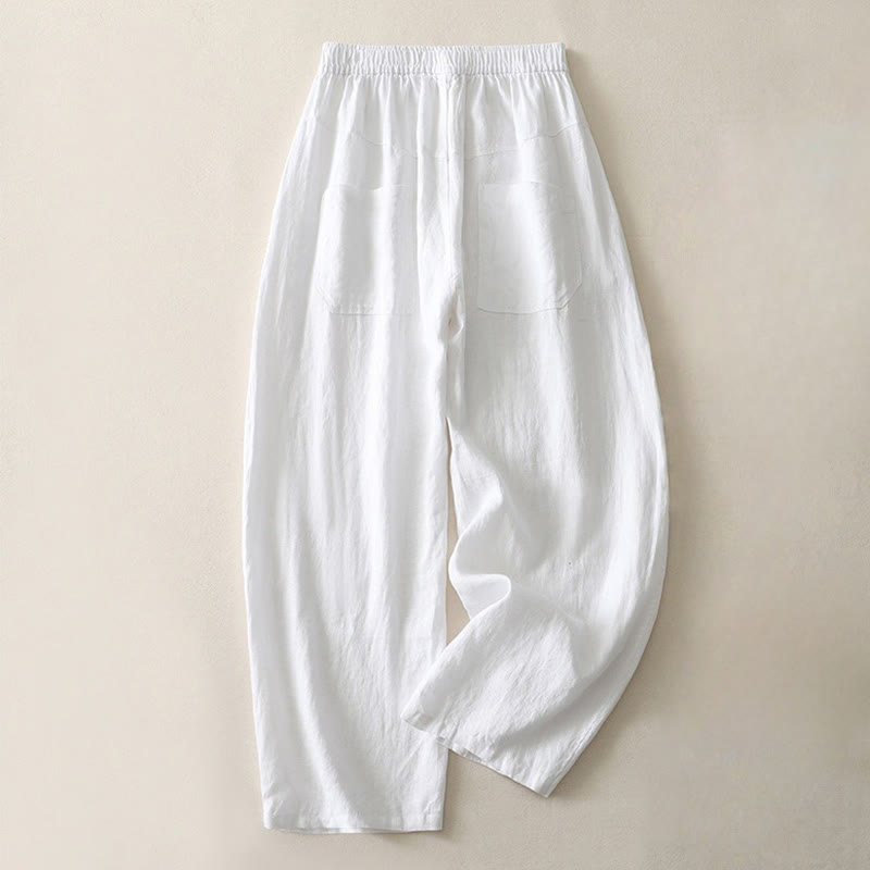 Buddha Stones Summer Daily Solid Color Elastic Waistband Design Women's Wide Leg Cotton Linen Pants With Pockets - White - US8-10,UK/AU12-14,EU40-42 (2XL) - image 12