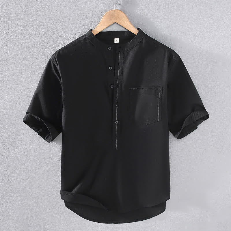 Buddha Stones Spring Pure Color Half Buttons Design Stand Collar Men's Short Sleeve Linen Shirt With Pocket - Black - US/UK/AU42,EU52 (3XL) - image 2