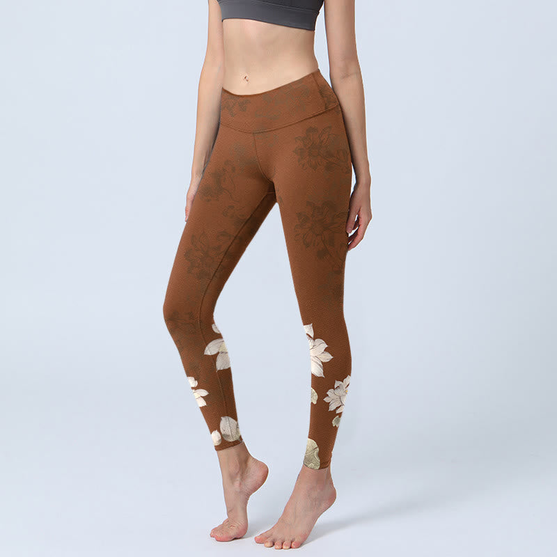 Buddha Stones Brown White Lotus Flower Print Gym Leggings Women's Yoga Pants - SaddleBrown - US18,UK/AU22,EU50 (4XL) - image 1