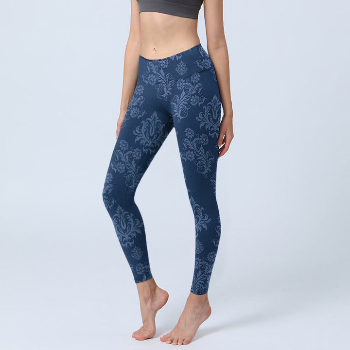 Buddha Stones Blue Floral Leaf Print Gym Leggings Women's Yoga Pants - SteelBlue - US18,UK/AU22,EU50 (4XL) - image 1