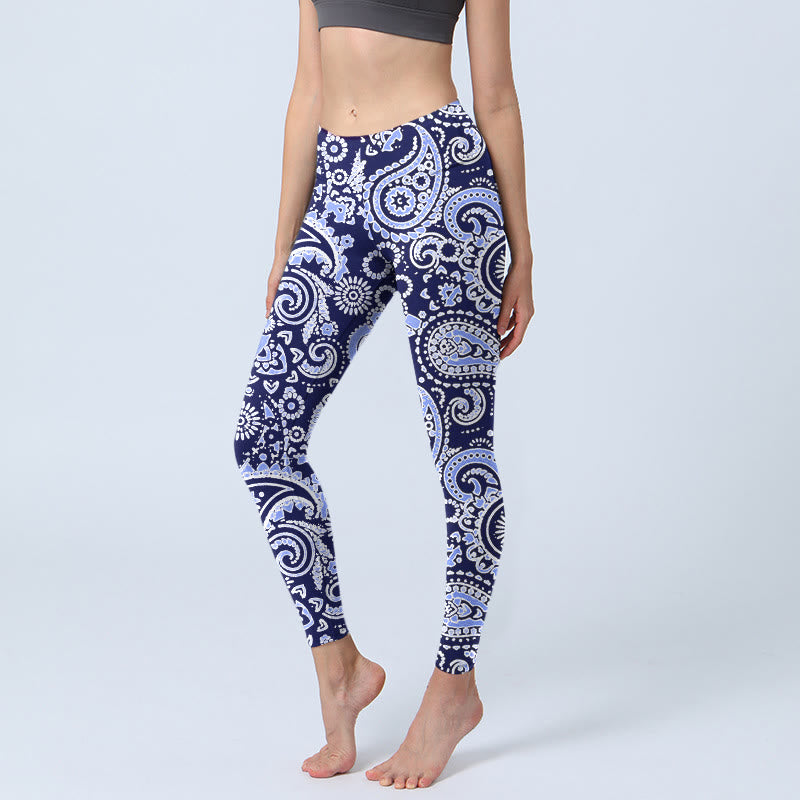 Buddha Stones Purple Blue Cashew Flower Print Gym Leggings Women's Yoga Pants - MediumSlateBlue - US18,UK/AU22,EU50 (4XL) - image 1