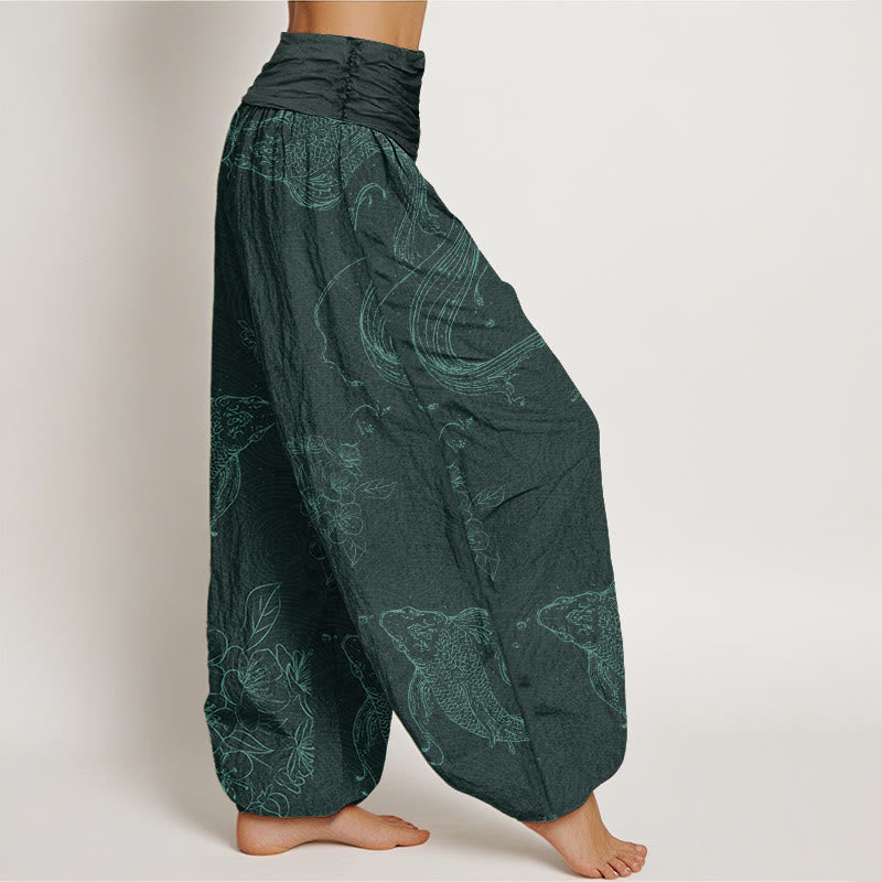 Buddha Stones Koi Fish Floral Pattern Women's Elastic Waist Harem Pants - image 9