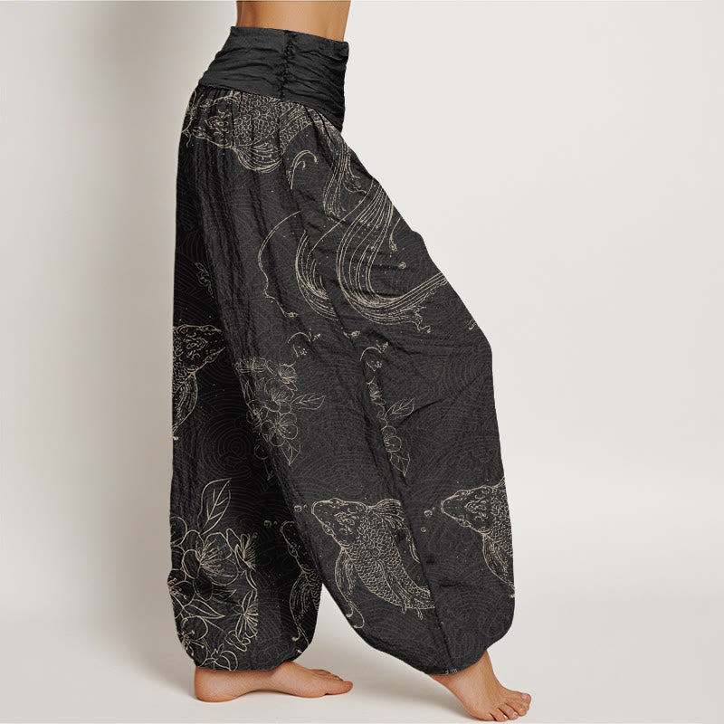Buddha Stones Koi Fish Floral Pattern Women's Elastic Waist Harem Pants - image 2