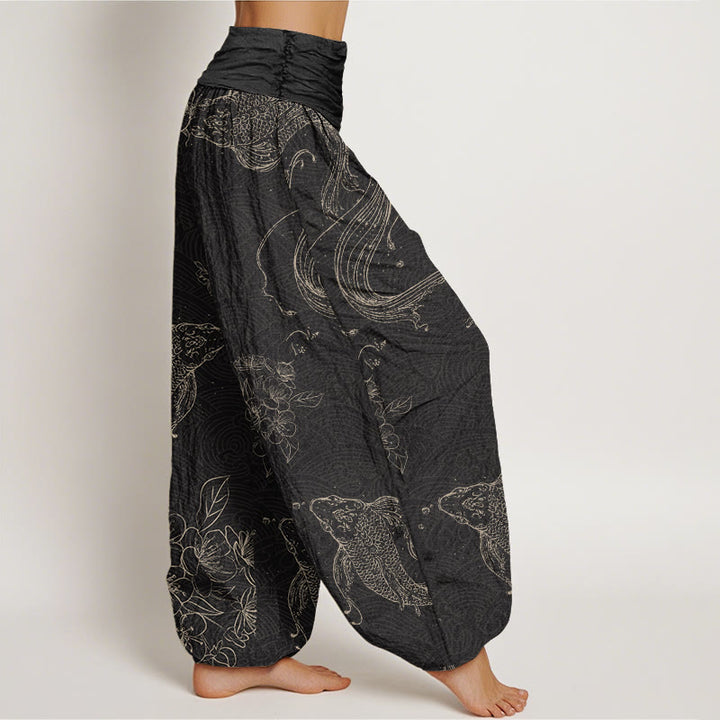 Buddha Stones Koi Fish Floral Pattern Women's Elastic Waist Harem Pants - image 2