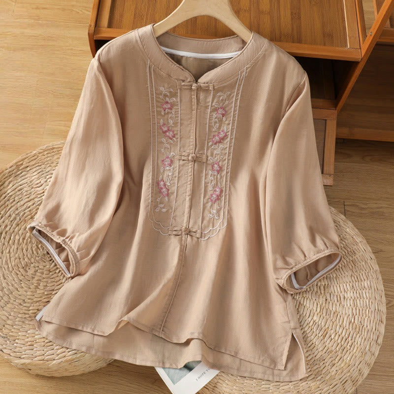 Buddha Stones Casual Embroidery Frog-Button Cotton Polyester Half Sleeve Women's Stand Collar Shirt - PeachPuff - US8-10,UK/AU12-14,EU40-42 (2XL) - image 1