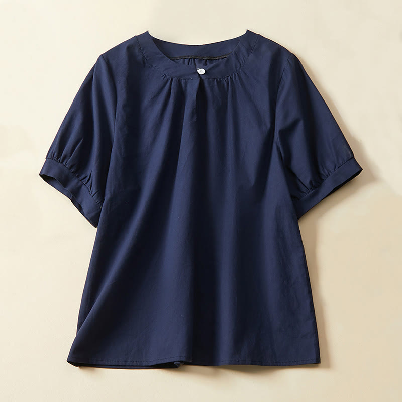 Buddha Stones Casual Plain Button Women's Short Sleeve Cotton Linen T-shirt - Navy - US14,UK/AU18,EU46 (2XL) - image 5