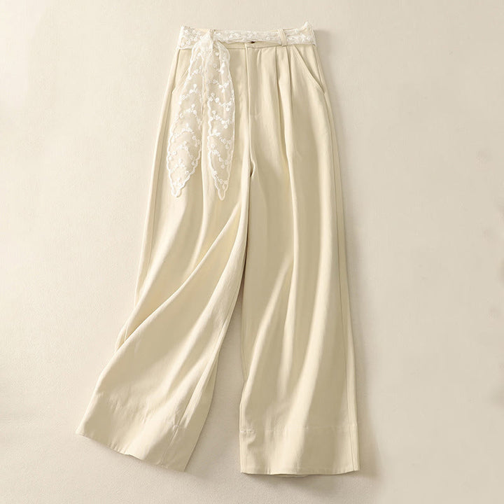 Buddha Stones Daily Solid Color Lace Belt Women's Wide Leg Cotton Pants With Pockets - Beige - US8-10,UK/AU12-14,EU40-42 (2XL) - image 1