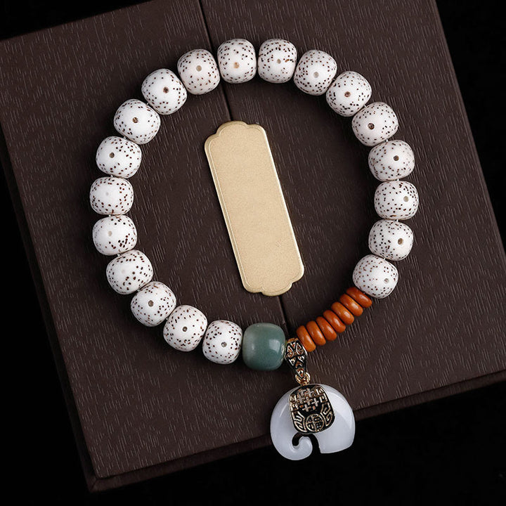 Buddha Stones Hand PolishedStar Moon Bodhi Seed Elephant Pattern Inner Peace Bracelet - White Star Moon Bodhi Seed & White Elephant(Wrist Circumference: 14-16cm) - image 1