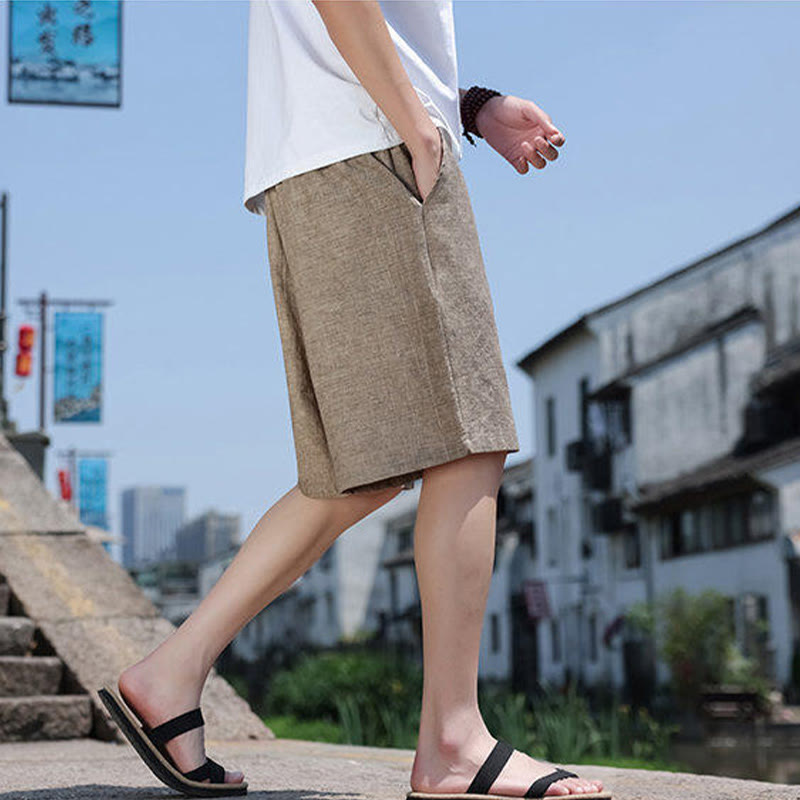 Buddha Stones Weaving Waist Rope Beads Cropped Linen Men's Shorts With Pockets - image 5