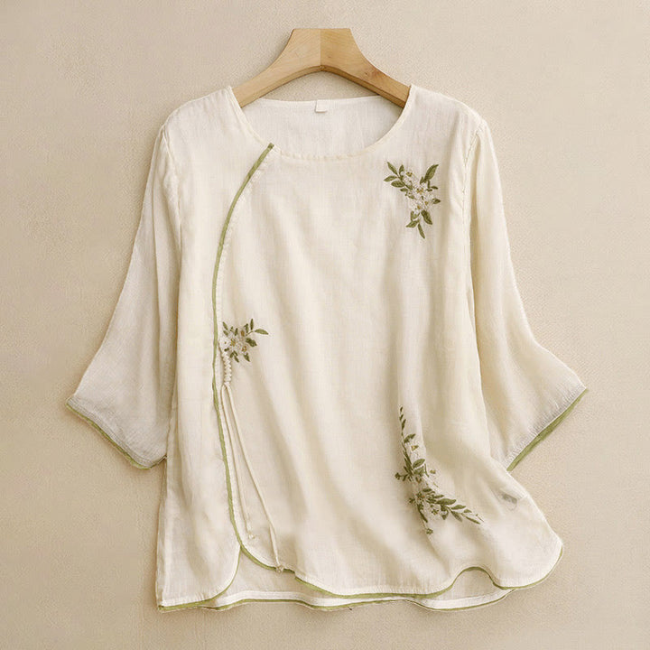 Buddha Stones Beige Floral Green Leaf Embroidery Crew Neck Three Quarter Sleeve Women's Cotton Shirt - Beige - US12,UK/AU16,EU44 (2XL) - image 1