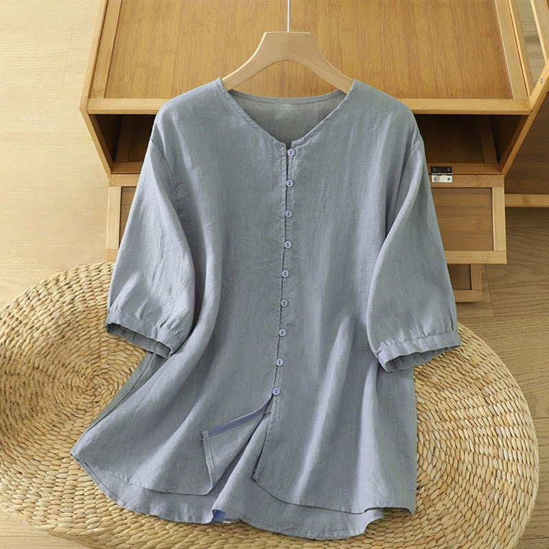 Buddha Stones Solid Buttons V-Neck Half Sleeve Women's Shirt - LightSteelBlue - US12,UK/AU16,EU44 (2XL) - image 22