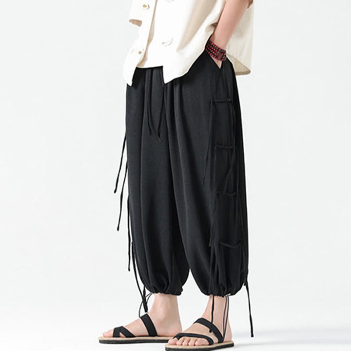 Buddha Stones Casual Loose Lanyard Design Waist Rope Men's 7-8 Length Spandex Pants With Pockets - image 3