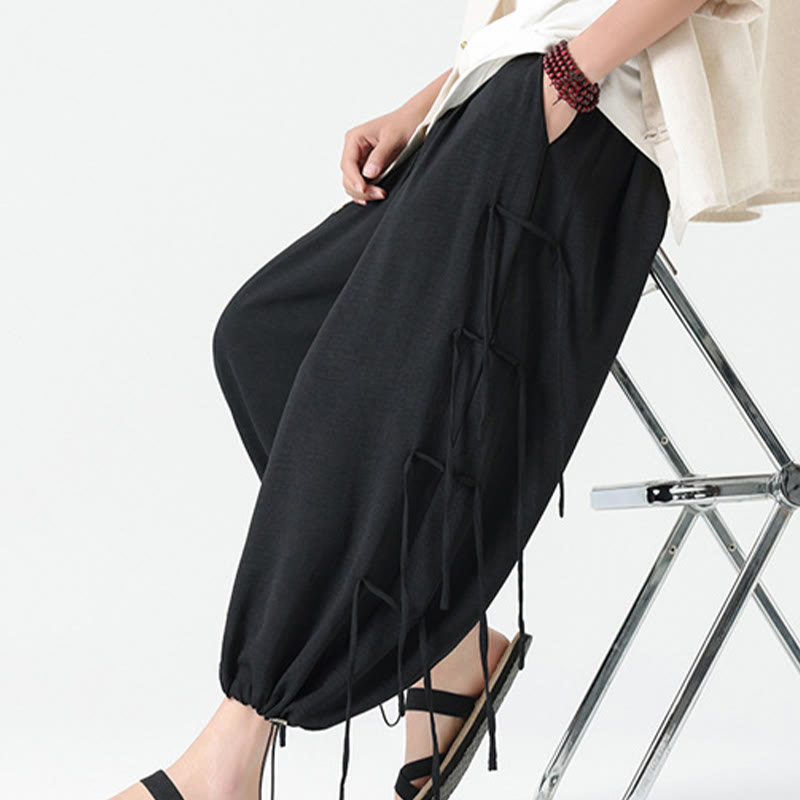 Buddha Stones Casual Loose Lanyard Design Waist Rope Men's 7-8 Length Spandex Pants With Pockets - image 14