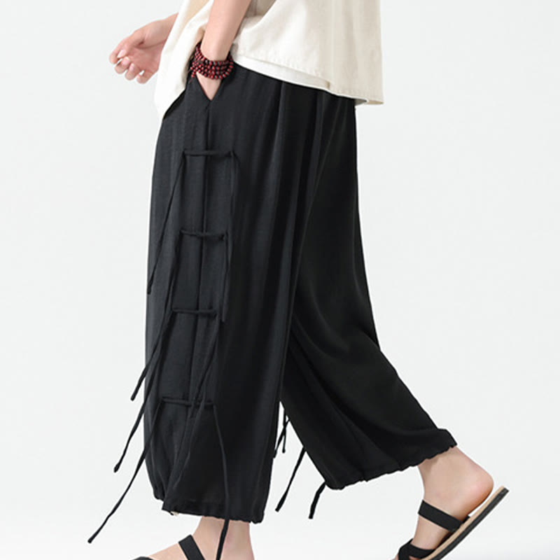 Buddha Stones Casual Loose Lanyard Design Waist Rope Men's 7-8 Length Spandex Pants With Pockets - image 11