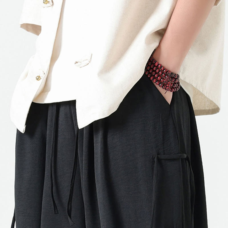 Buddha Stones Casual Loose Lanyard Design Waist Rope Men's 7-8 Length Spandex Pants With Pockets - image 12