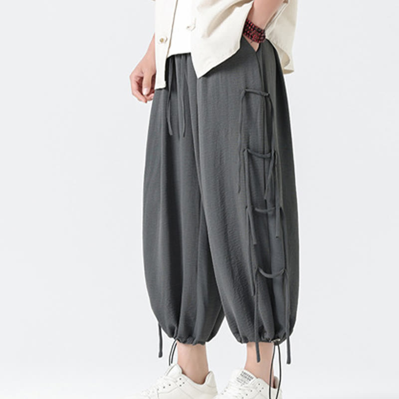 Buddha Stones Casual Loose Lanyard Design Waist Rope Men's 7-8 Length Spandex Pants With Pockets - image 19