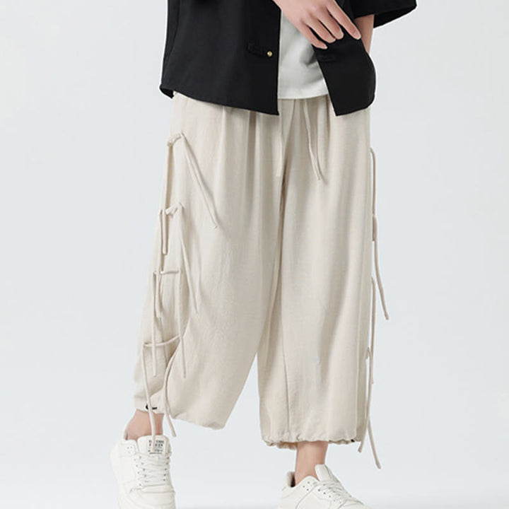 Buddha Stones Casual Loose Lanyard Design Waist Rope Men's 7-8 Length Spandex Pants With Pockets - image 29