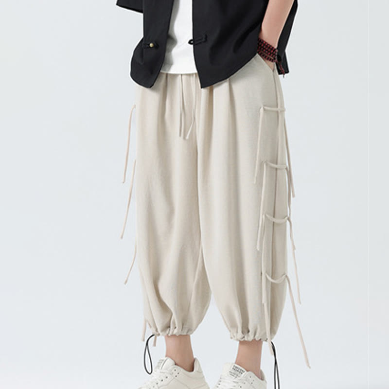 Buddha Stones Casual Loose Lanyard Design Waist Rope Men's 7-8 Length Spandex Pants With Pockets - image 26