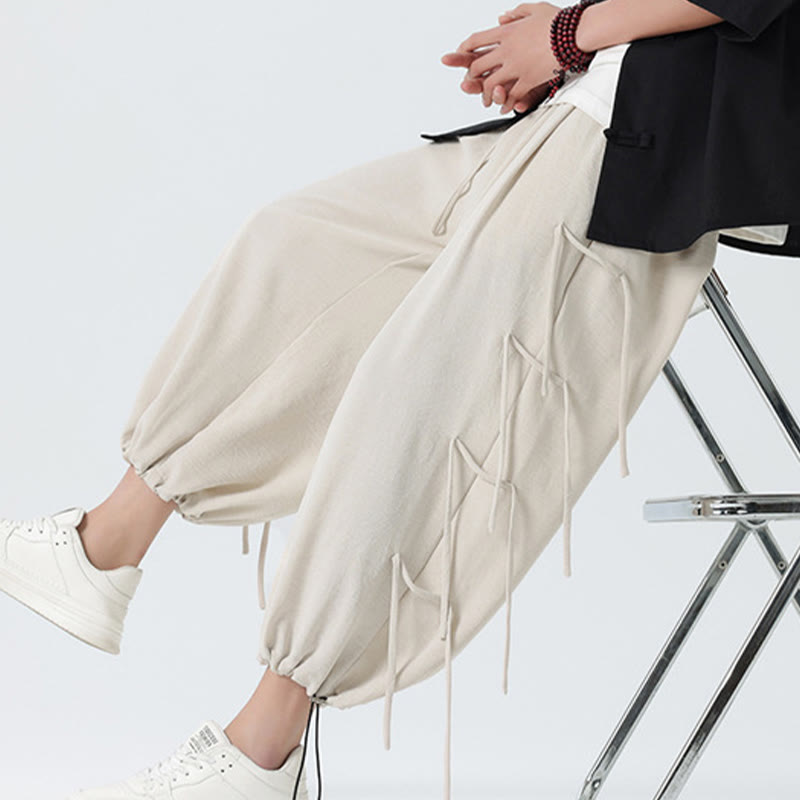 Buddha Stones Casual Loose Lanyard Design Waist Rope Men's 7-8 Length Spandex Pants With Pockets - image 32