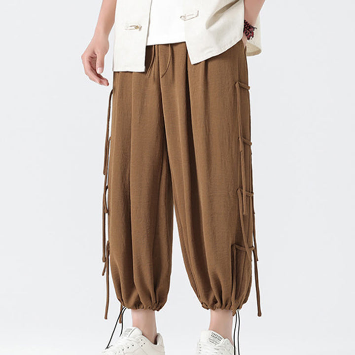 Buddha Stones Casual Loose Lanyard Design Waist Rope Men's 7-8 Length Spandex Pants With Pockets - image 38