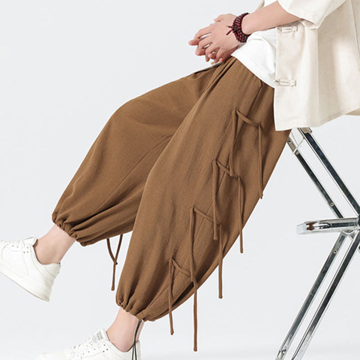 Buddha Stones Casual Loose Lanyard Design Waist Rope Men's 7-8 Length Spandex Pants With Pockets - image 40