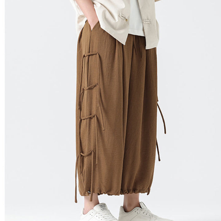 Buddha Stones Casual Loose Lanyard Design Waist Rope Men's 7-8 Length Spandex Pants With Pockets - image 35