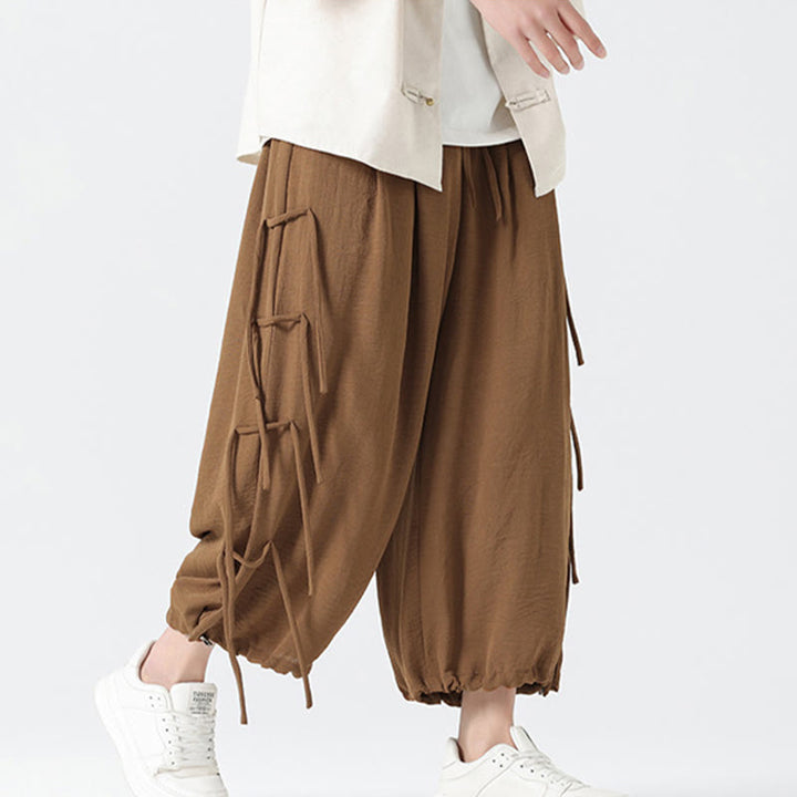 Buddha Stones Casual Loose Lanyard Design Waist Rope Men's 7-8 Length Spandex Pants With Pockets - image 37