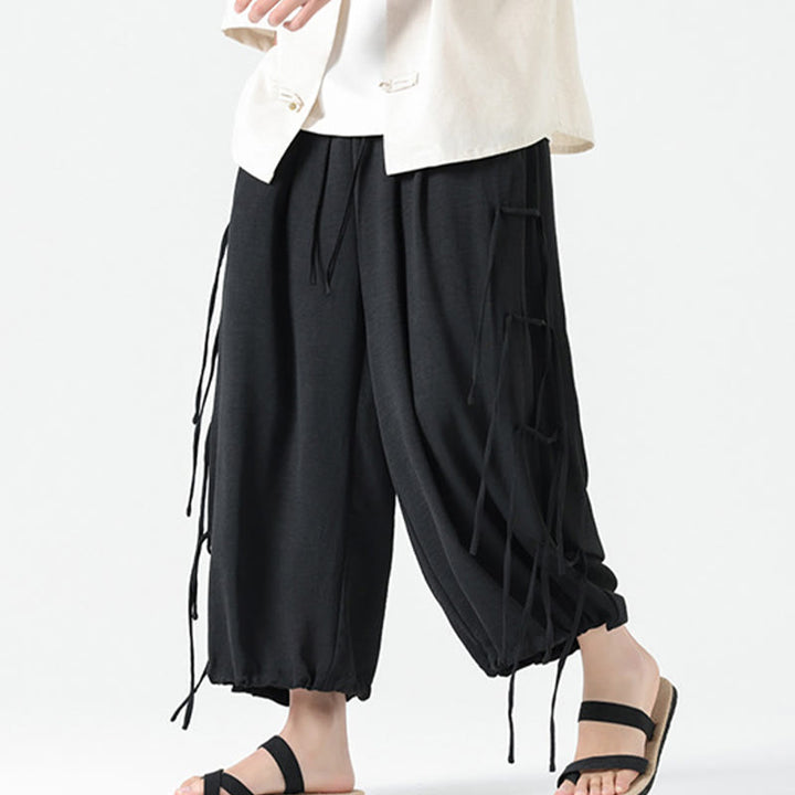 Buddha Stones Casual Loose Lanyard Design Waist Rope Men's 7-8 Length Spandex Pants With Pockets - Black - US/UK/AU46,EU56 (5XL) - image 1