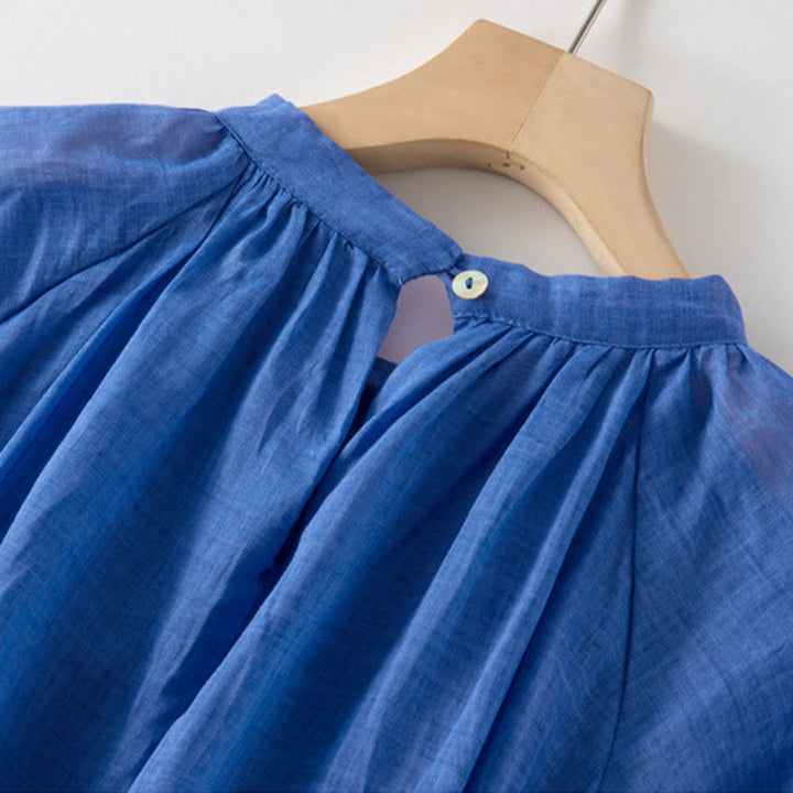 Buddha Stones Plain Drawstring Three Quarter Puff Sleeve Cotton Linen Midi Dress With Pockets - image 6