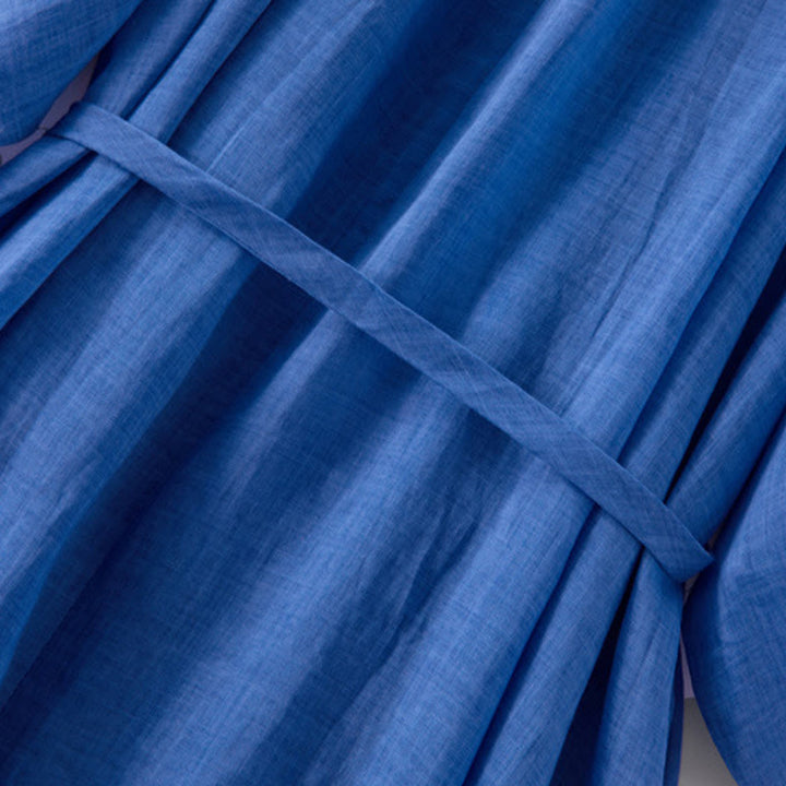 Buddha Stones Plain Drawstring Three Quarter Puff Sleeve Cotton Linen Midi Dress With Pockets - image 11