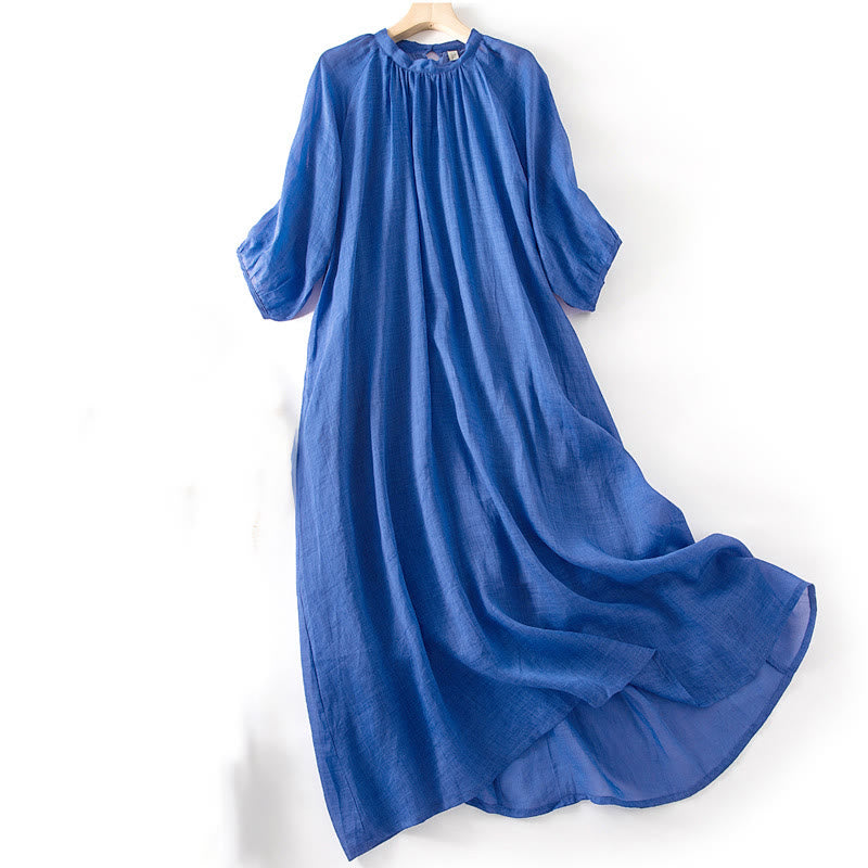 Buddha Stones Plain Drawstring Three Quarter Puff Sleeve Cotton Linen Midi Dress With Pockets - image 3