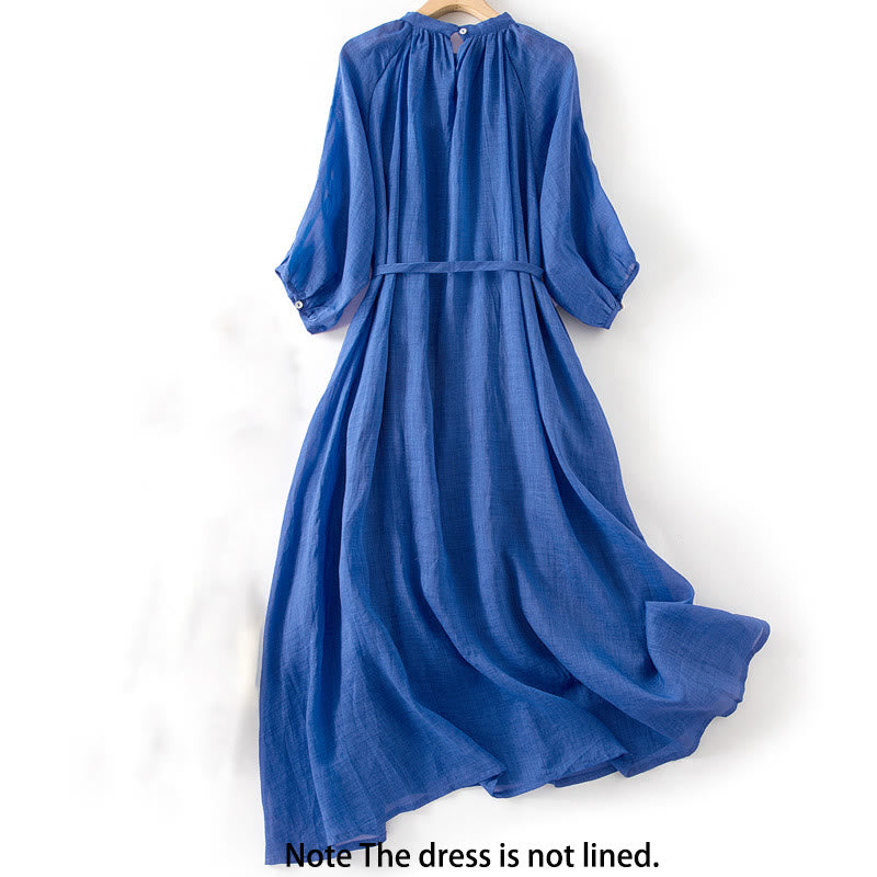 Buddha Stones Plain Drawstring Three Quarter Puff Sleeve Cotton Linen Midi Dress With Pockets - image 2