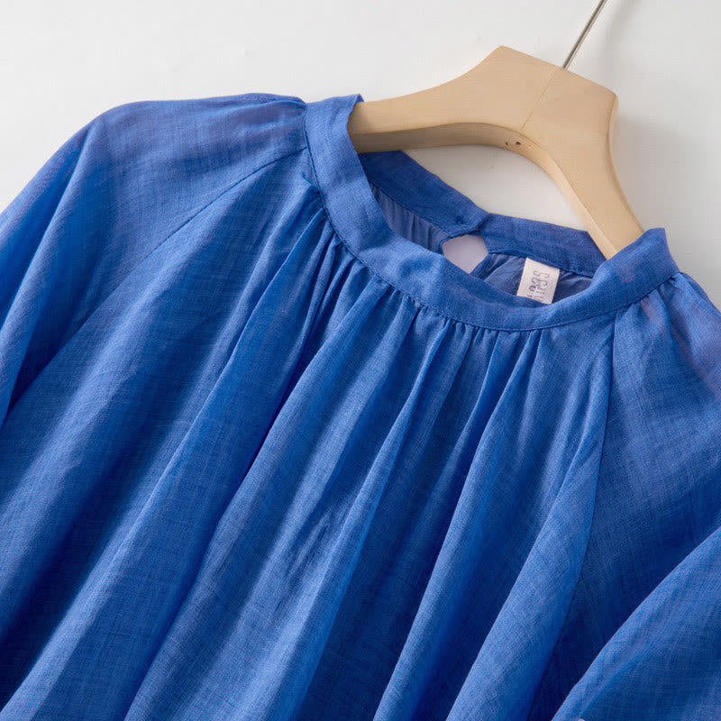 Buddha Stones Plain Drawstring Three Quarter Puff Sleeve Cotton Linen Midi Dress With Pockets - image 4