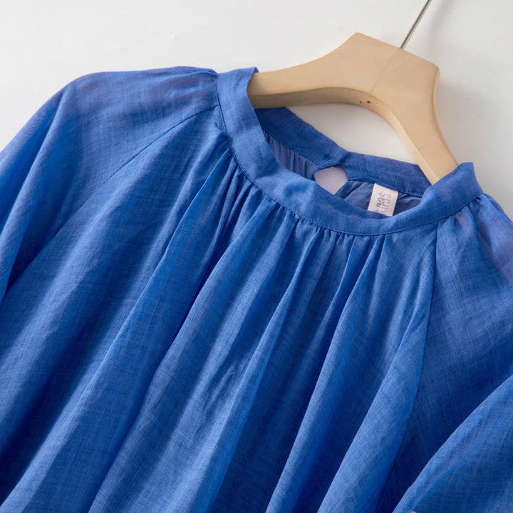 Buddha Stones Plain Drawstring Three Quarter Puff Sleeve Cotton Linen Midi Dress With Pockets - image 4