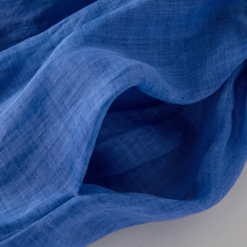 Buddha Stones Plain Drawstring Three Quarter Puff Sleeve Cotton Linen Midi Dress With Pockets - image 13