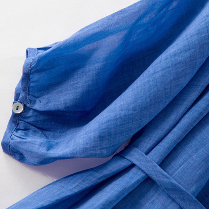 Buddha Stones Plain Drawstring Three Quarter Puff Sleeve Cotton Linen Midi Dress With Pockets - image 9