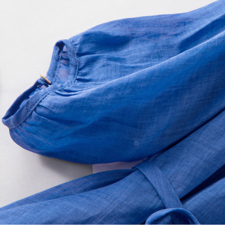 Buddha Stones Plain Drawstring Three Quarter Puff Sleeve Cotton Linen Midi Dress With Pockets - image 8