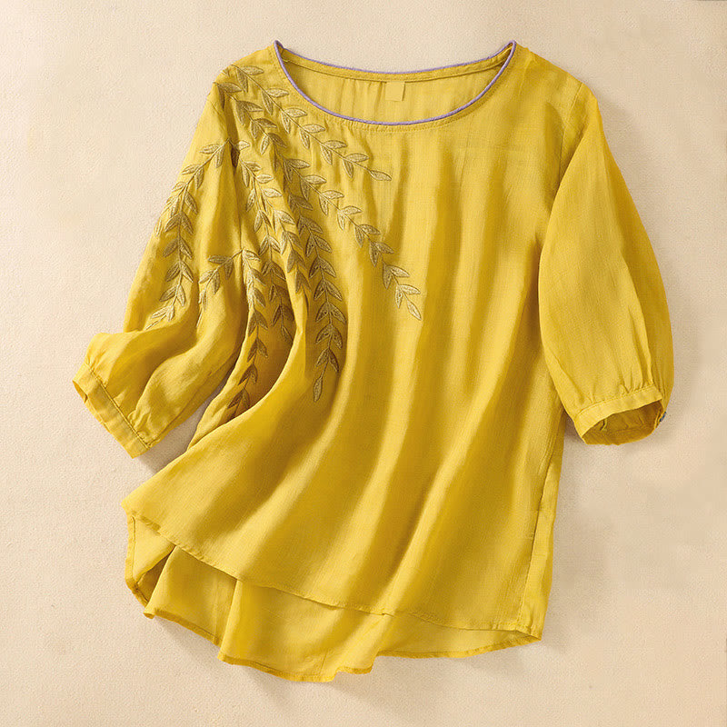 Buddha Stones Embroidery Leaves Women's Cotton Linen Half Sleeve T-shirt - Gold - US8-10,UK/AU12-14,EU40-42 (2XL) - image 0